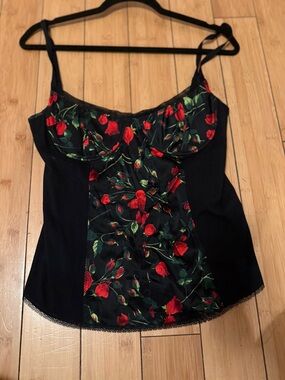 D&G Black Floral Satin Bustier Cami Top with Red Roses 44